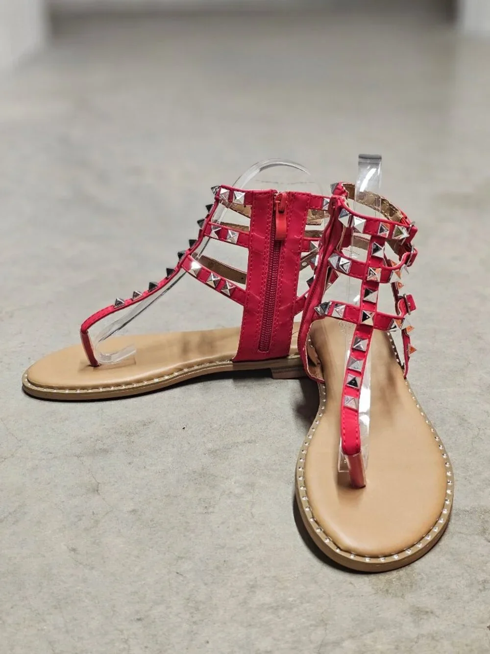 Red Gladiator Sandals With Studded Straps & Side Zipper For Women Flat Sole Comf